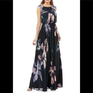 Kay Unger Floral Print Blouson Chiffon Maxi Gown